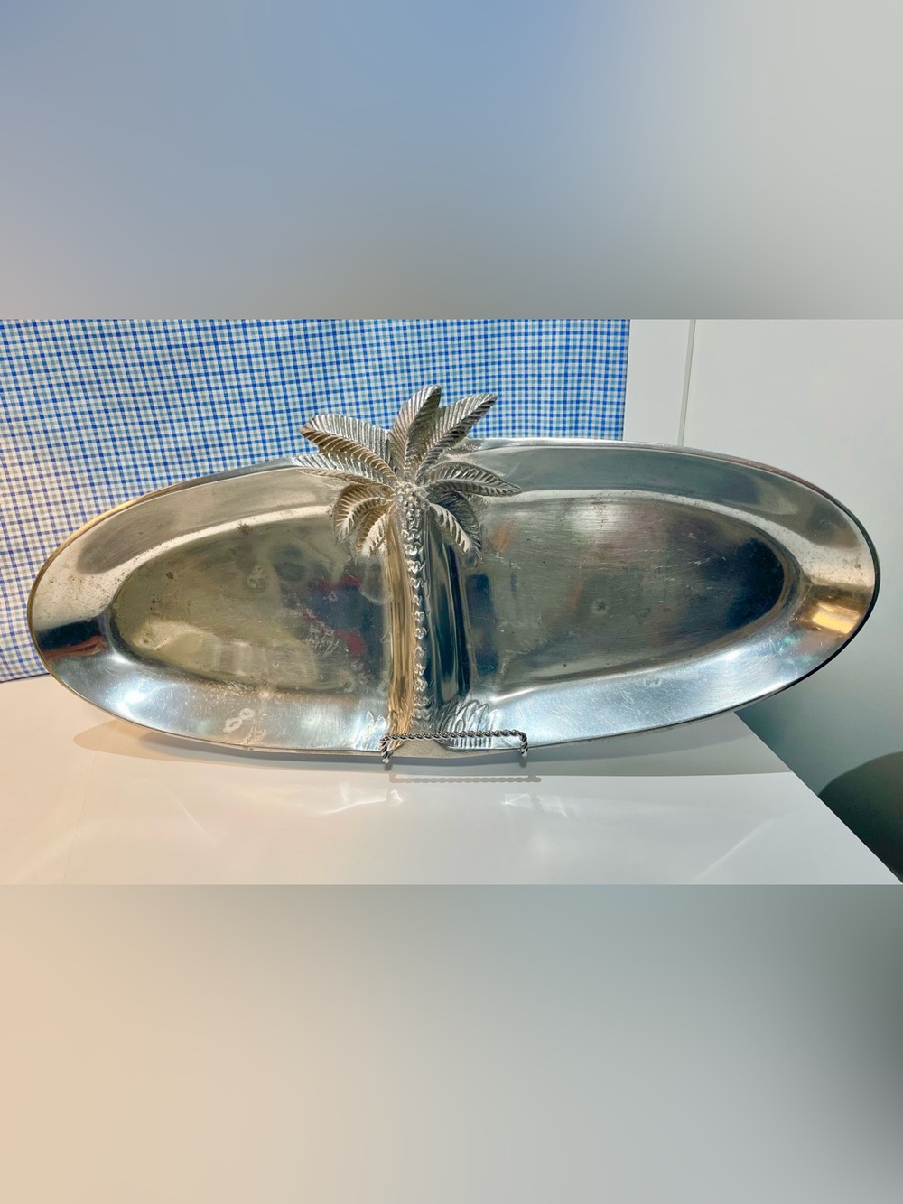 Oval Silver Palm Tree Two-Section Serving Tray – Tropical Coastal Décor